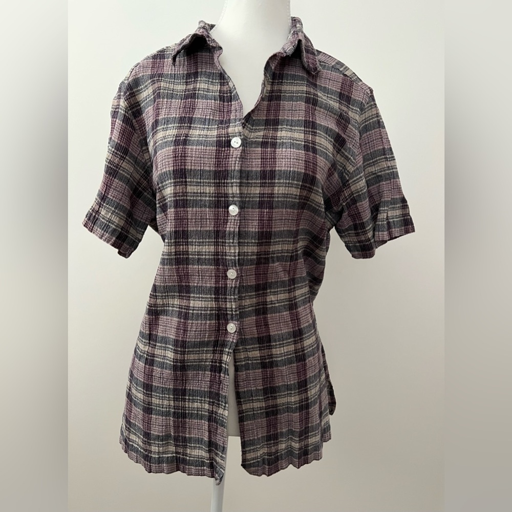 Jennifer Moore White Purple Black Plaid Short Sleeve Button Down Shirt Size M